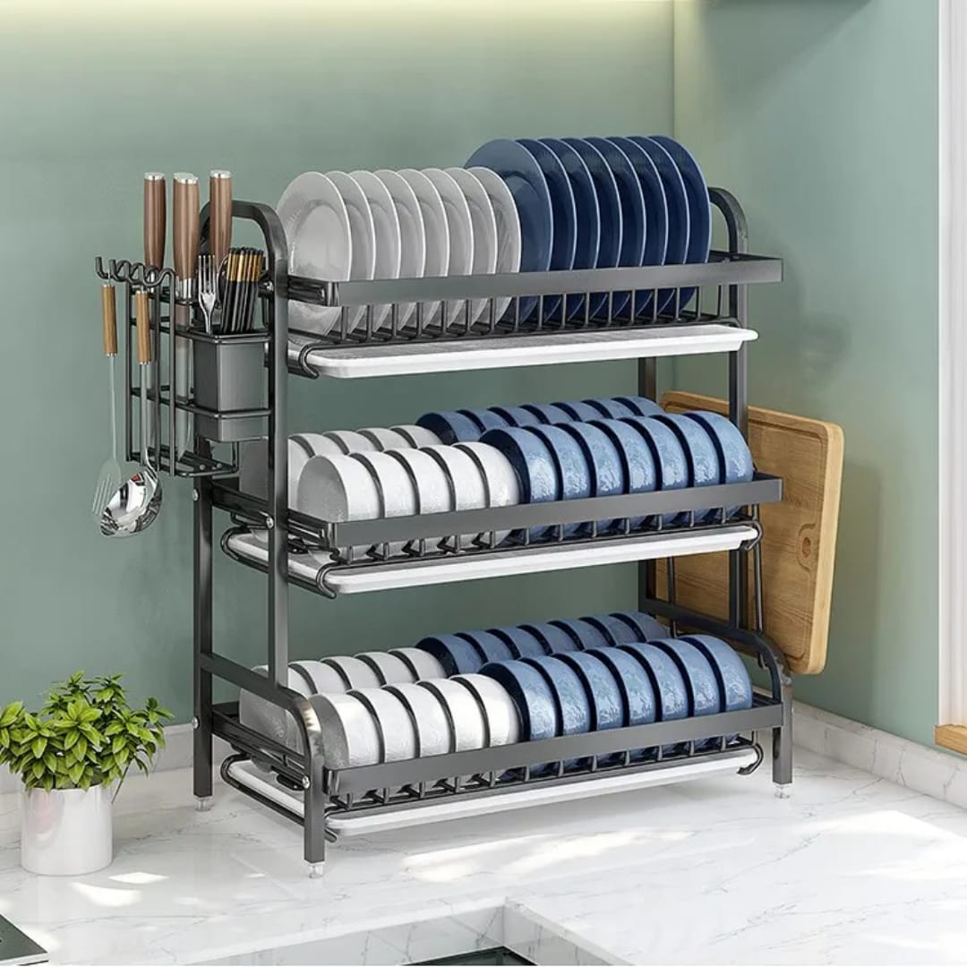 Premium 3-Tier Dish Drying Rack with Utensil Holder & Cutting Board Stand