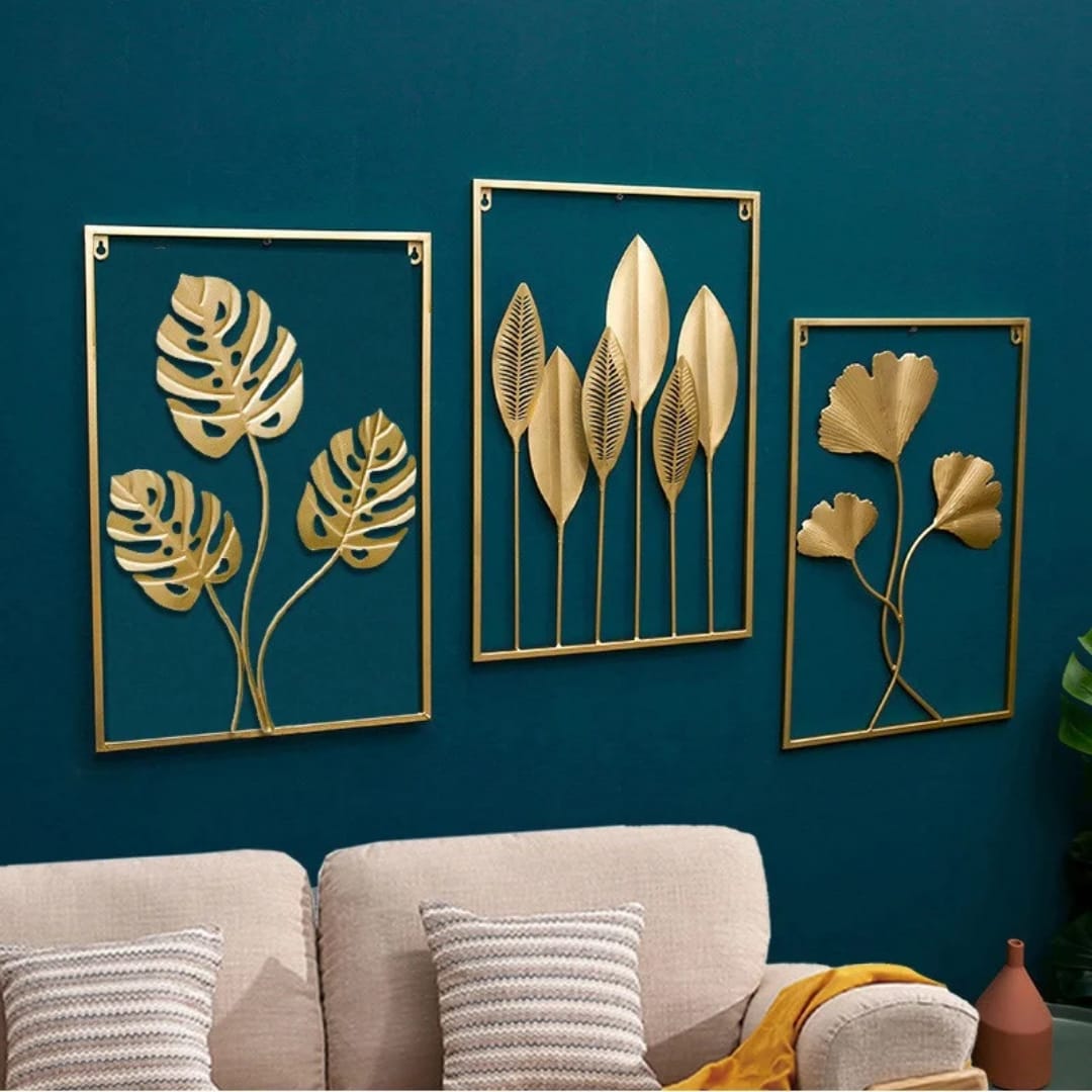 Set of 3 Gold Metal Leaf Wall Art – Elegant Nature-Inspired Décor
